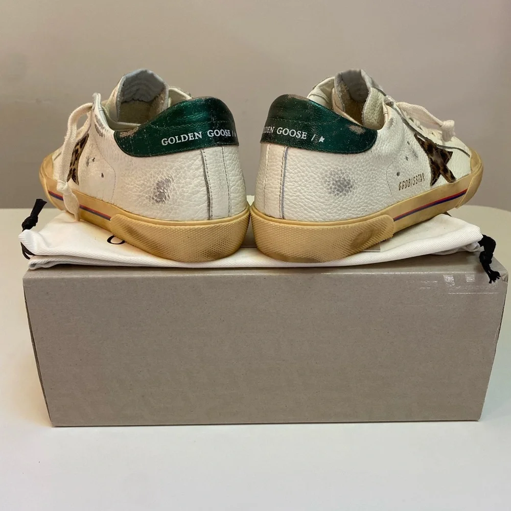 Golden Goose Superstar Penstar White Leather/Green/Leopard Star sz 38 New in Box - Picture 6 of 14